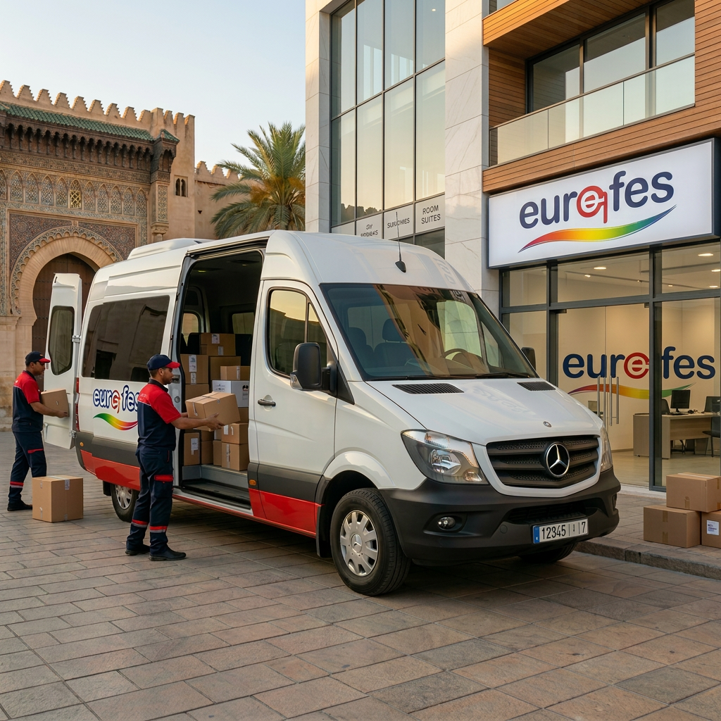 New Star Euro-Fes minibus delivering packages to the local agency office
